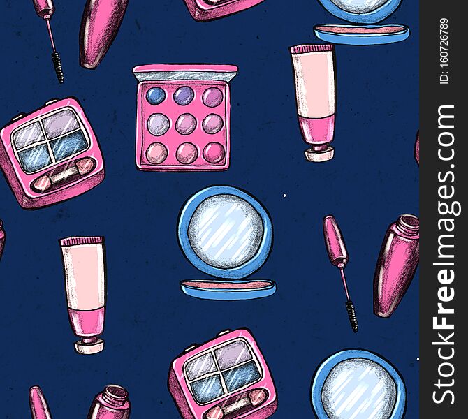 Make Up Seamless Pattern. Hand Drawn Beauty Background.