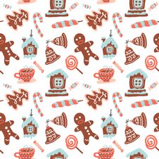 Christmas Seamless Pattern With Cacao Drink, Ginger Cookie, Candy Cane And Lollipop. Xmas Sweets. Vector Illustration For Textile Royalty Free Stock Photo