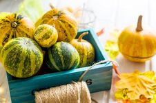 Autumn Background With Pumpkins And Leaves And Candle Royalty Free Stock Photos