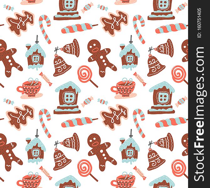Christmas Seamless pattern with cacao drink, ginger cookie, candy cane and lollipop. Xmas sweets. Vector illustration for textile