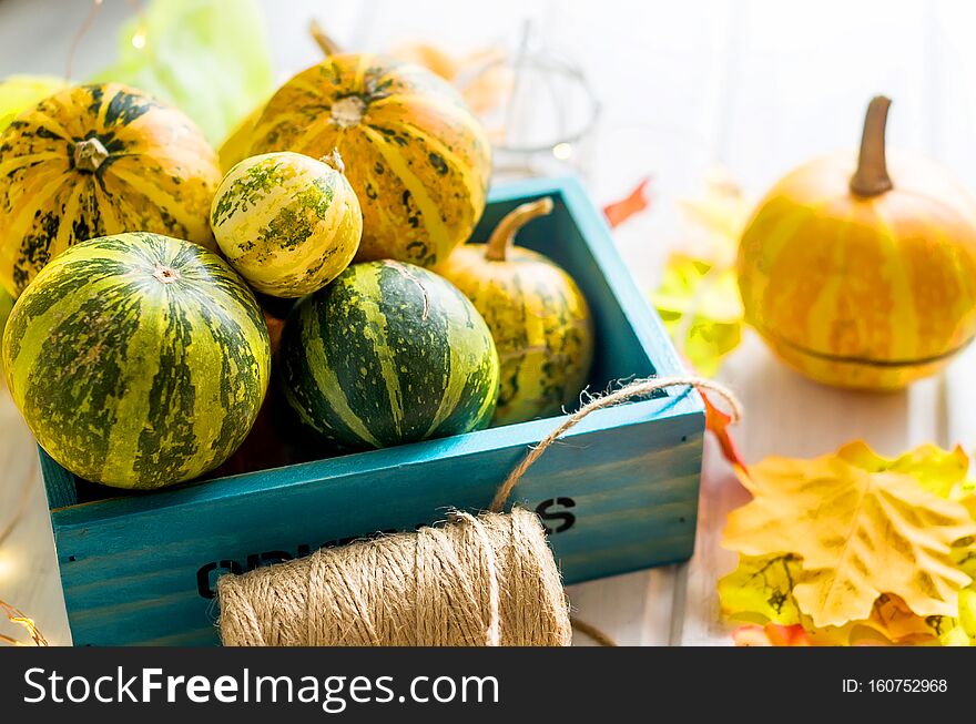 autumn background with pumpkins and leaves and candle