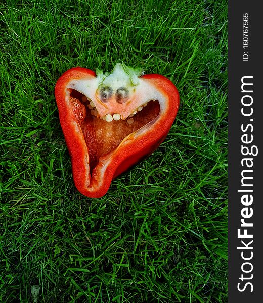 Red cheerful pepper with eyes on green grass