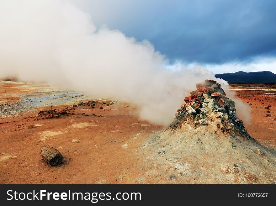 One of the massive sulfur vents in Hverir. Geothermal region of Hverir near Myvatn Lake in Iceland.