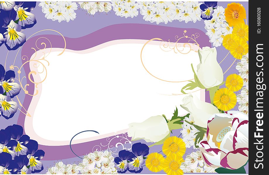 Illustration with lilac, yellow and white floral frame