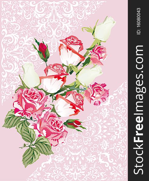 Illustration with pink and white roses design. Illustration with pink and white roses design