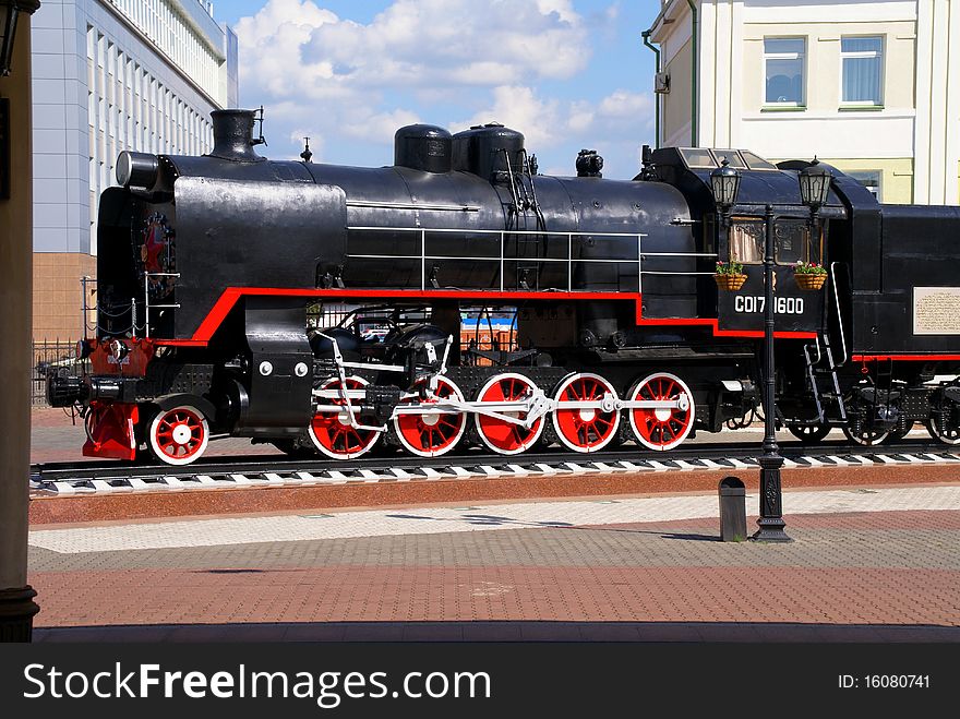 Steam locomotive standing like monument. Russia. Siberia.