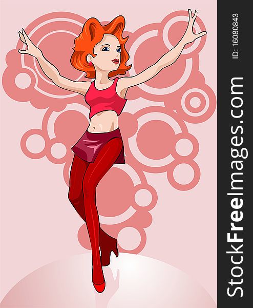 Dancing girl in red clothes on an abstract background.