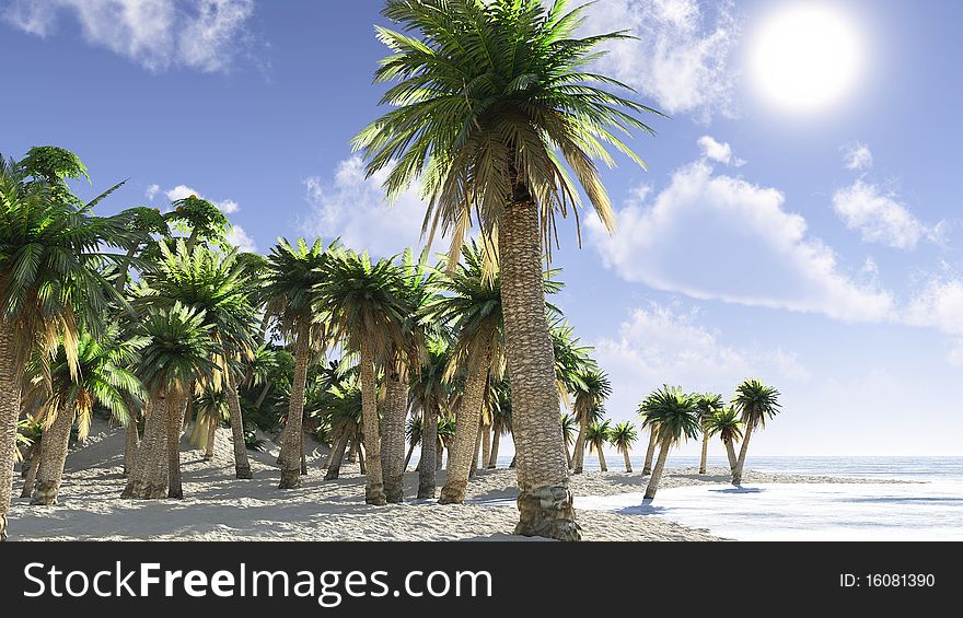 Idyllic tropical island with palm trees at daytime. Realistic 3d illustration. Idyllic tropical island with palm trees at daytime. Realistic 3d illustration