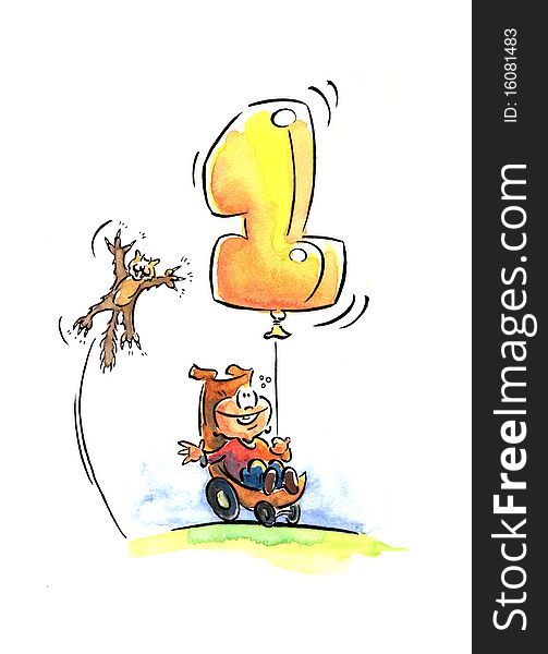 Small, happy kid sitting in buggy holding a balloon in the shape of a number 1. A cat jumps to the balloon with extended claws. Small, happy kid sitting in buggy holding a balloon in the shape of a number 1. A cat jumps to the balloon with extended claws.