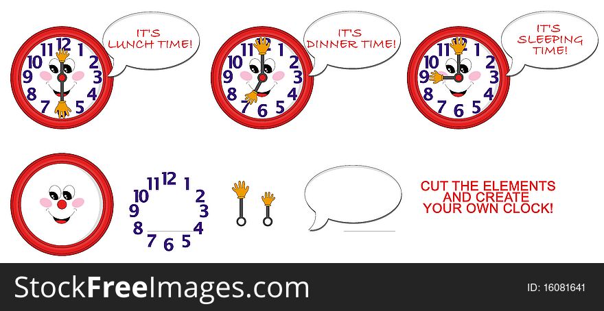 A nice red clock to learn the hours. Just cut the single elements and create your own clock!. A nice red clock to learn the hours. Just cut the single elements and create your own clock!