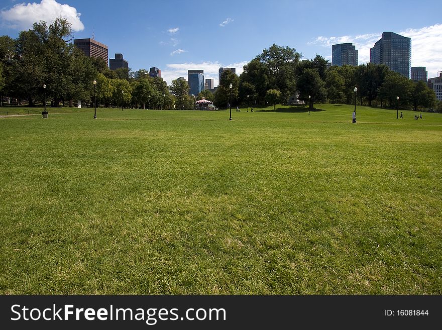 Panoramic view of Boston Public Garden.