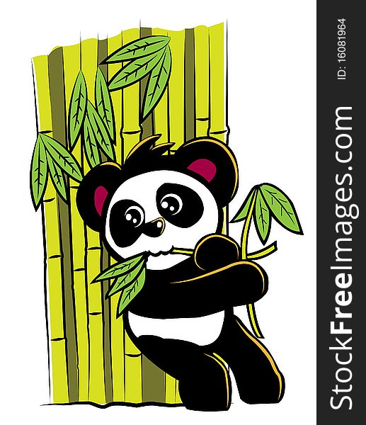 An illustration of a panda eating bamboo leaves while leaning on a wall of bamboos. An illustration of a panda eating bamboo leaves while leaning on a wall of bamboos.