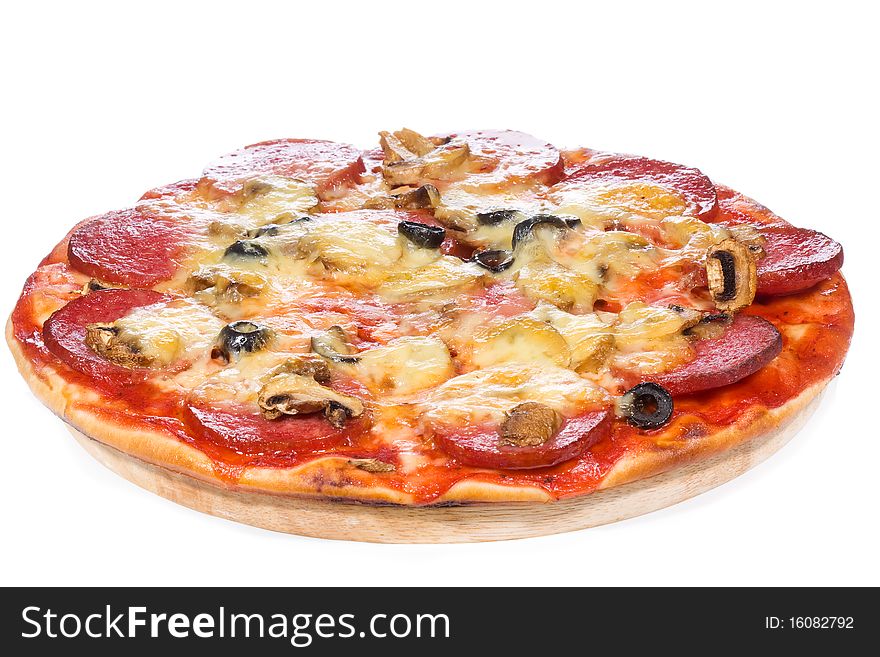 Pizza with salami on white background