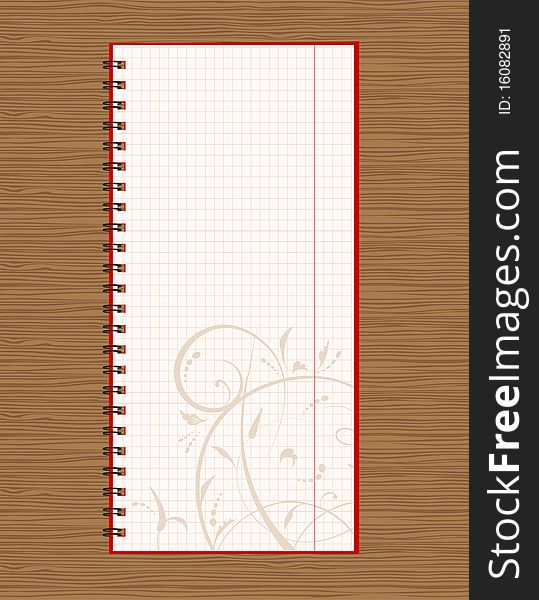 Notebook open page design on wooden background, vector illustration