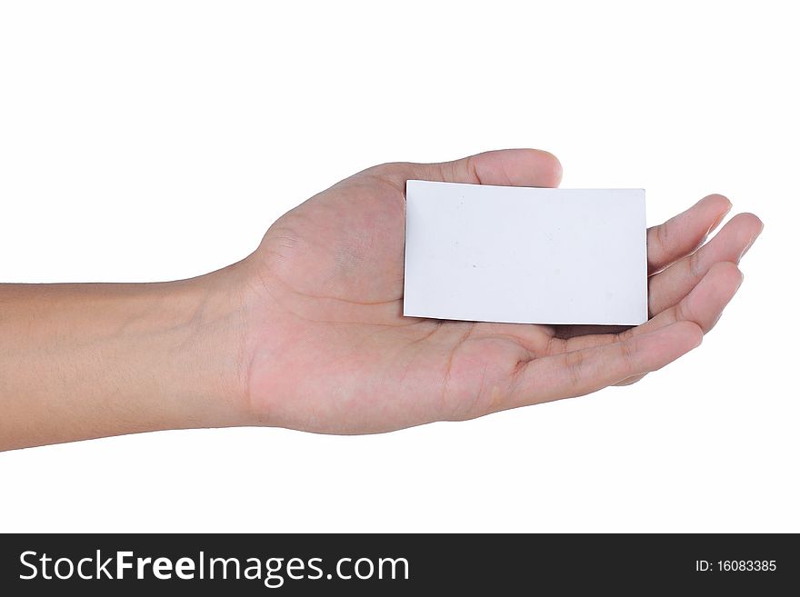 Gesture of man's hand giving a business card. Gesture of man's hand giving a business card