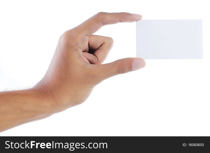 Gesture of man's hand giving a business card. Gesture of man's hand giving a business card