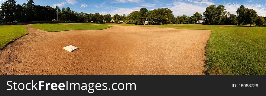 Panorama of a baseball field.