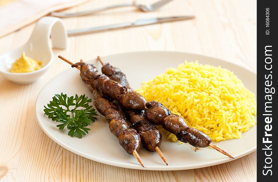Grilled Chicken Hearts With Turmeric Rice