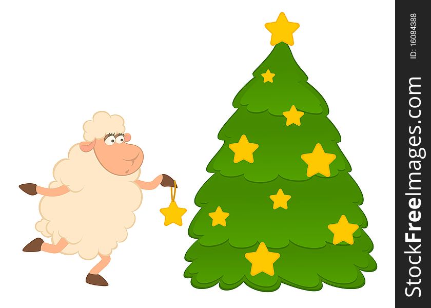 Cartoon funny sheep dresses up a fir-tree for a design. Cartoon funny sheep dresses up a fir-tree for a design