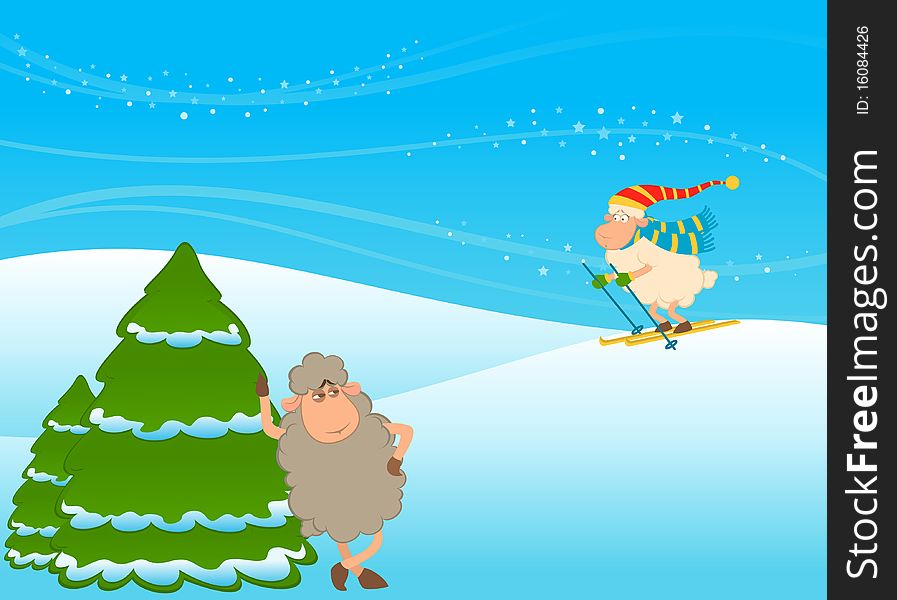 Cartoon funny skier sheep for a design