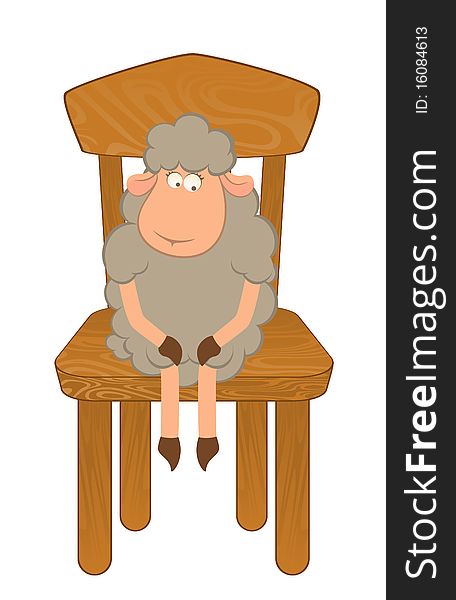 Cartoon funny sad sheep sits on a chair for a design