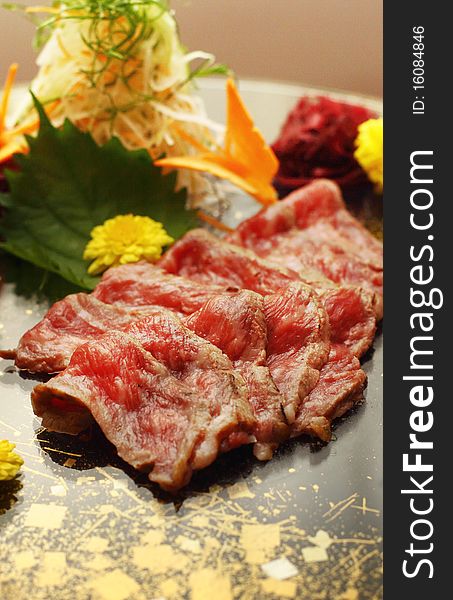 Rare Wagyu Beef Served On Black Platter