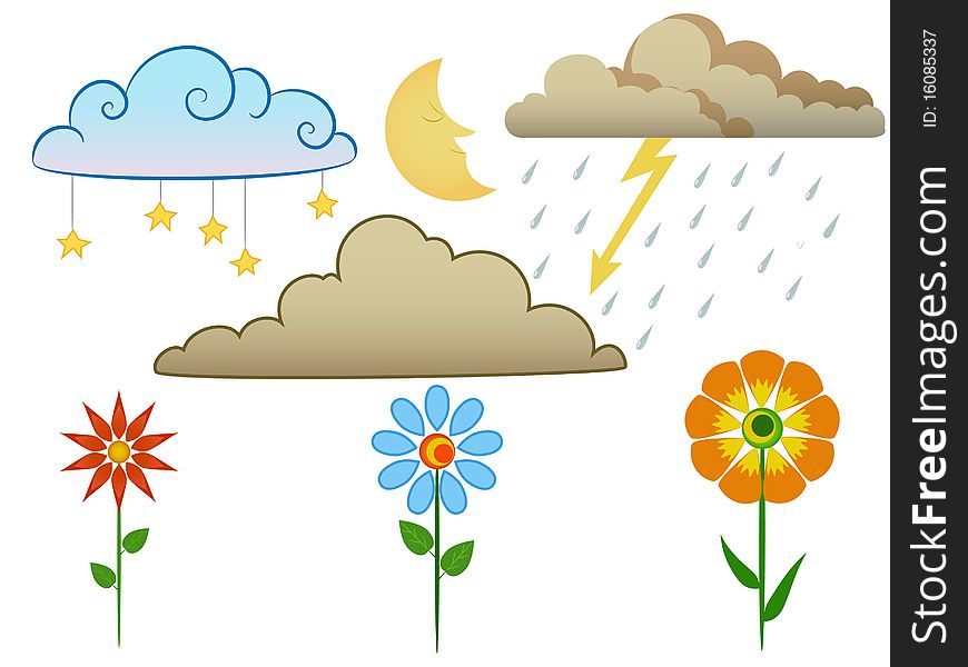 Vector illustration. Set of design elements clouds and flowers, moon and rain