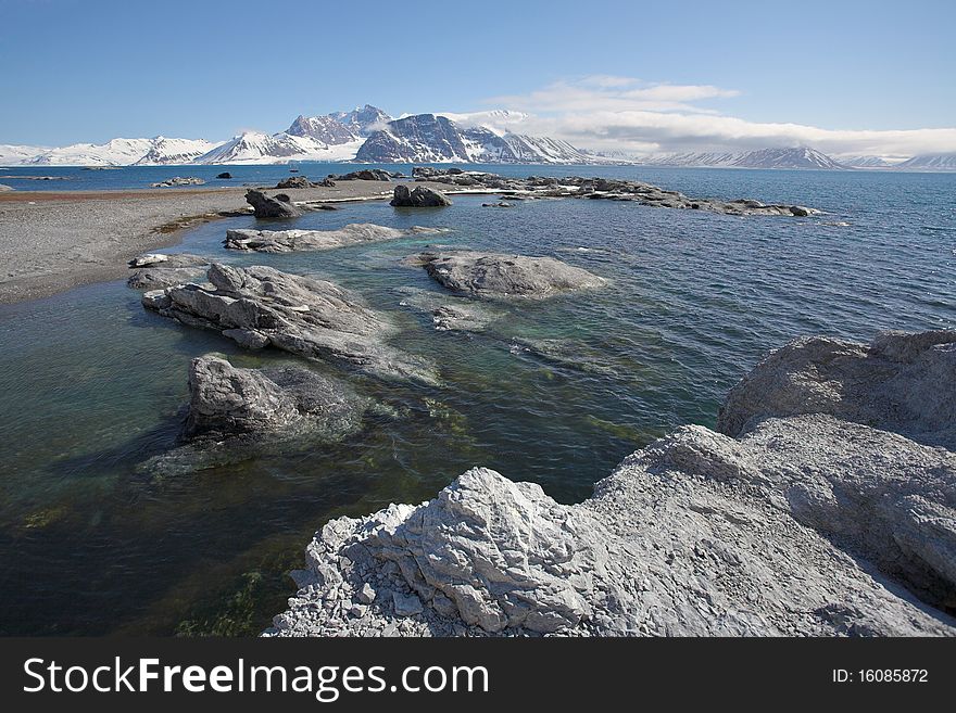 Arctic summer landscape - sea, mountains