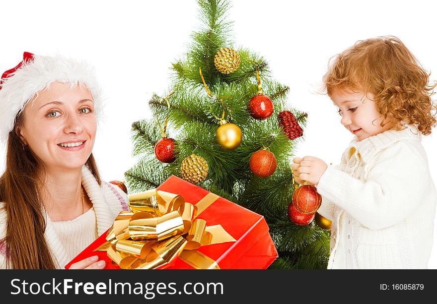 Mother and little daughter with a present box. Mother and little daughter with a present box