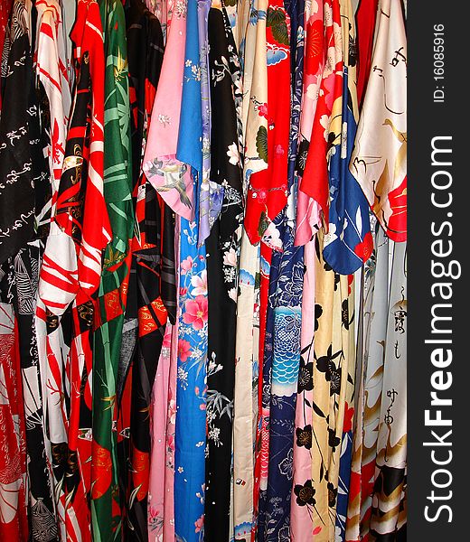 Colorful Japanese kimonos on sale in a store. Colorful Japanese kimonos on sale in a store