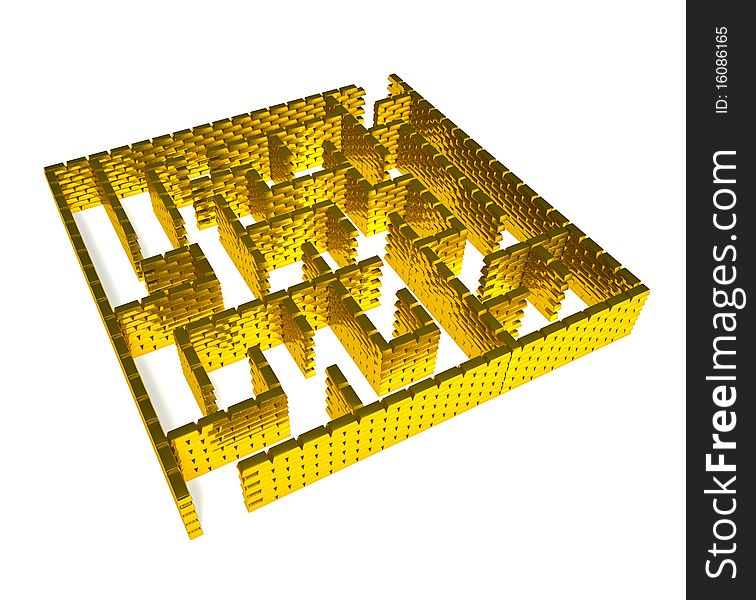 Maze from gold ingots on white background. Maze from gold ingots on white background