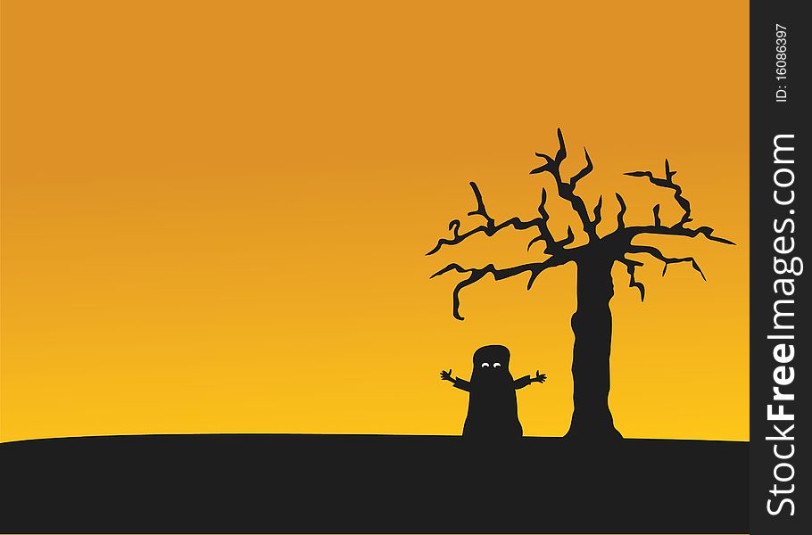Silhouette of kid dressed as a ghost standing by an old tree with an orange sky. Silhouette of kid dressed as a ghost standing by an old tree with an orange sky.