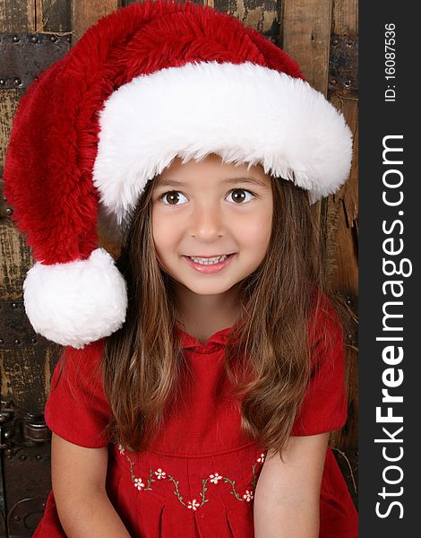 Beautiful brunette girl wearing a christmas hat and red dress. Beautiful brunette girl wearing a christmas hat and red dress