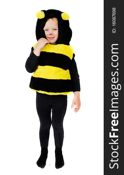 Funny little girl in bee costume isolated on the white background. Nice photo for Halloween party. Funny little girl in bee costume isolated on the white background. Nice photo for Halloween party.