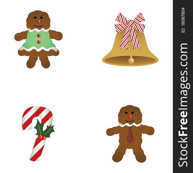 Vector illustration of Christmas Decoration: Gingerbread woman, Bell, Candy Cane & Gingerbread man. Vector illustration of Christmas Decoration: Gingerbread woman, Bell, Candy Cane & Gingerbread man