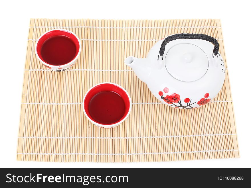 Tea service-cup and teapot the Japanese style on white