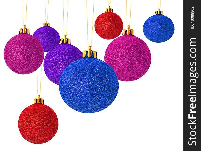 Eight shiny glitter christmas balls in red purple pink blue isolated on white. Eight shiny glitter christmas balls in red purple pink blue isolated on white