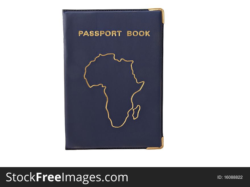 Dark blue passport book cover with gold outline of africa and madagascar isolated on white