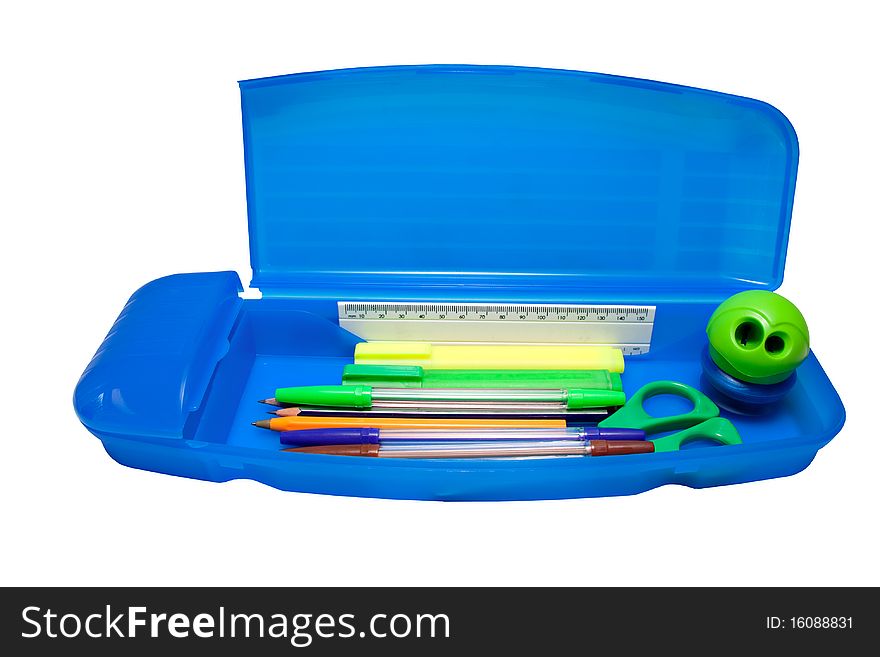 Blue pencil case with pens and pencils ready for school isolated on white