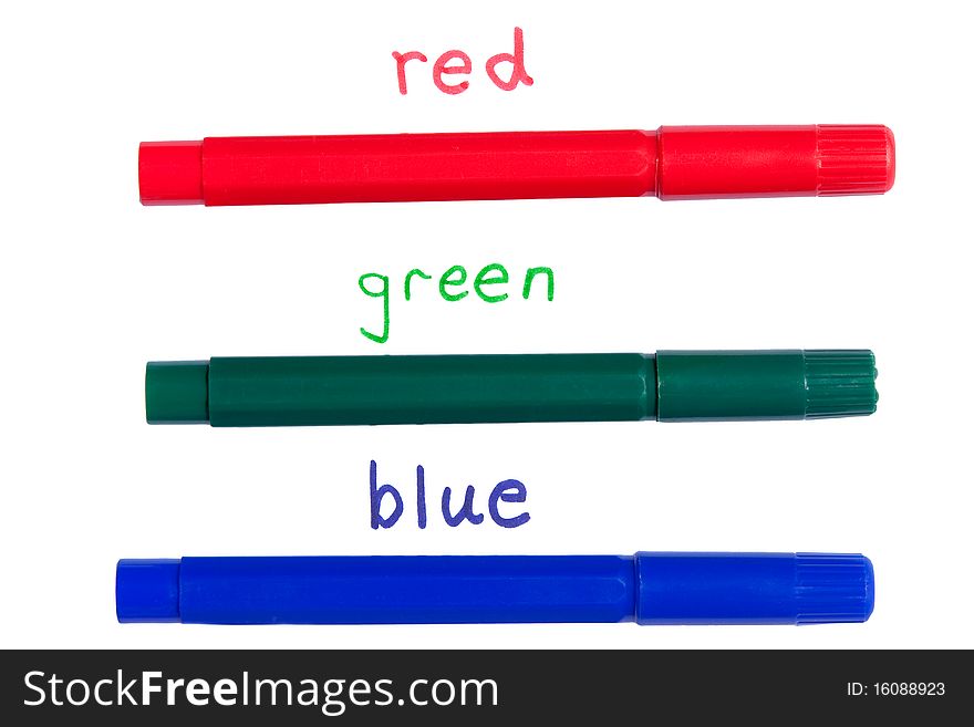 Three thick felt tip pens in red,green,blue, the primary colors with words to aid in learning