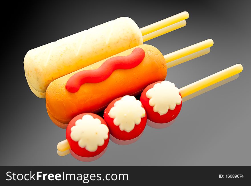 Sausage and fish balls made from an eraser.