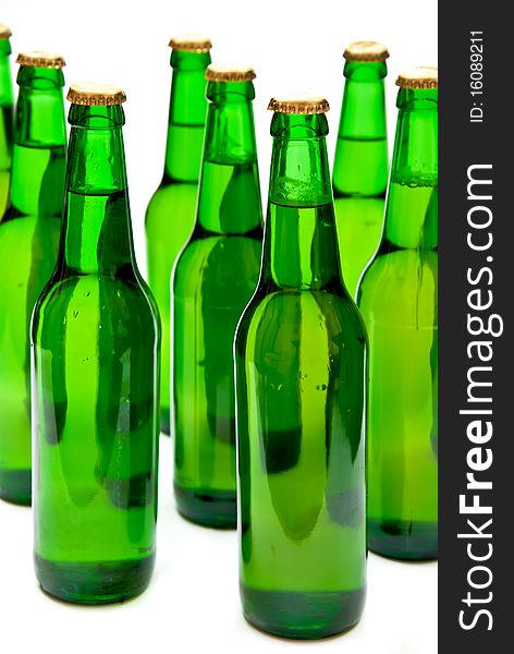 Rows from cold beer bottles on white background.