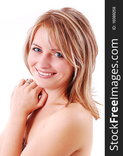 Portrait of beautiful young girl on white background