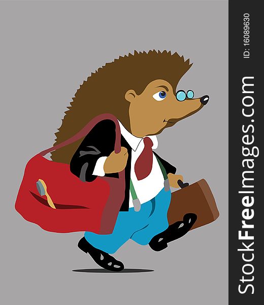 Smart dreassed hedgehog walking with bag
