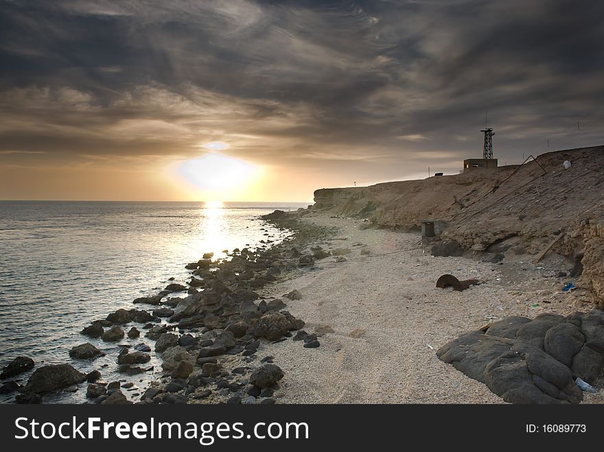 Sunrise and Dramatic sky over a ocean,. Sunrise and Dramatic sky over a ocean,