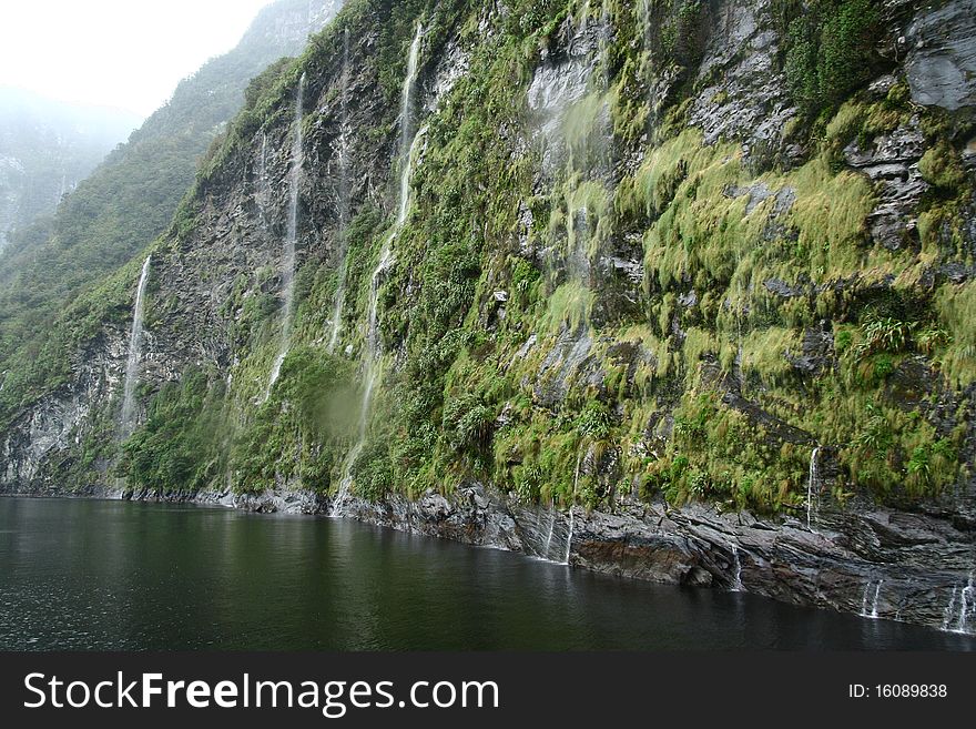Waterfall of Milford Sound, New Zealand