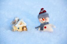 Happy Funny Toy Snowman Standing On The Snow Stock Photo