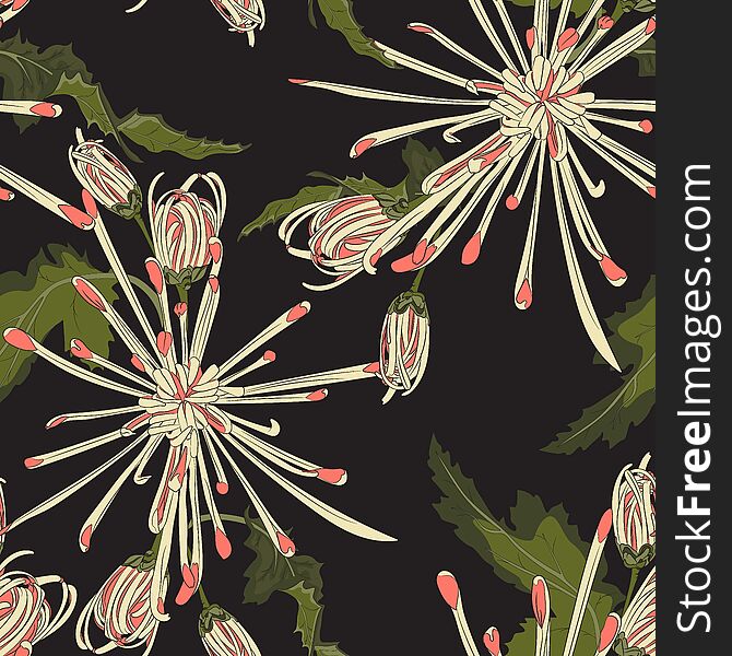 Seamless flower pattern for fabric design. Floral line yellow exotic chrysanthemum illustration. Black background.