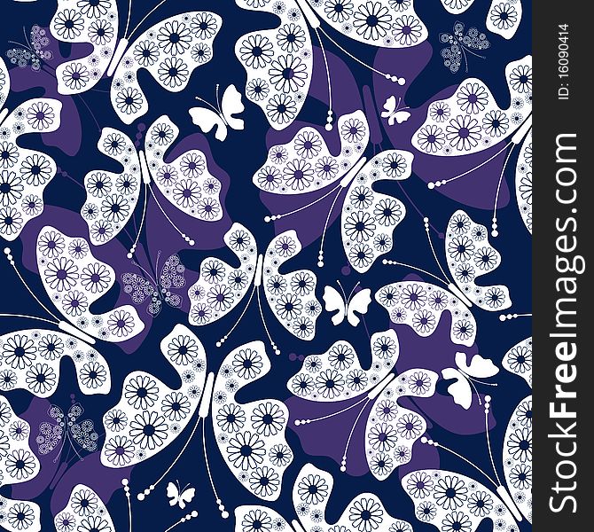 Seamless violet-white floral pattern with silhouettes butterflies. Seamless violet-white floral pattern with silhouettes butterflies