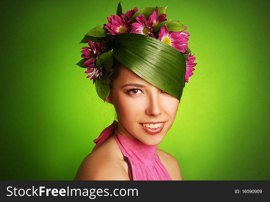 Beautiful spring-woman on green background. Beautiful spring-woman on green background